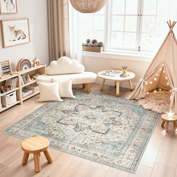 Tortania 6' Square Area Rug Living Room Rugs - Washable Boho Rug Vintage Oriental Distressed Farmhouse Large Thin Indoor Carpet for Bedroom Under Dining Table Home Office - Aqua Multi