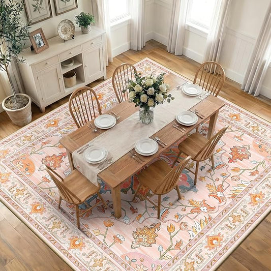RELEANY Area Rugs Square 10ft Washable Non-Slip, Floral Vintage Distress Print Pattern Medallion Carpet for Living Room Bedroom Dining Room, Light Pink Colorful