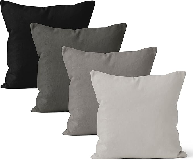 Encasa XO Throw Pillow Covers 18x18 in Set of 4 Grey Combo | No Inserts | Cotton Pillow Covers for Living Room, Bed, Sofa, Couch | Decorative Cushion Covers with Improved Zipper