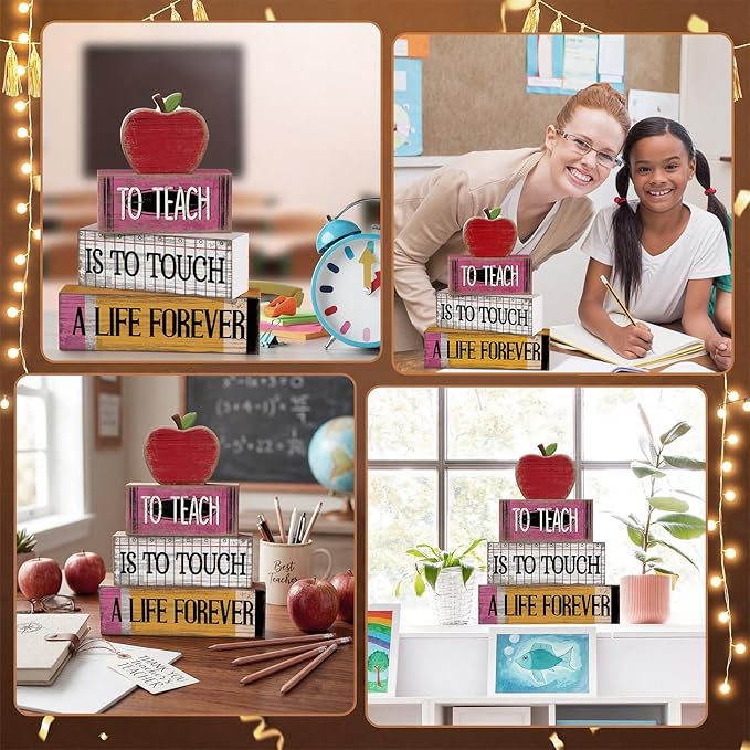 Moucuny 4 Pcs Teacher Appreciation Week Table Decor Wooden Apple Tiered Tray Decor Thank You Teacher Table Centerpiece Decorative Apple Block Signs Gift Classroom Decoration for Home Kitchen Shelf