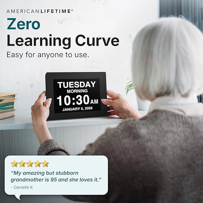 American Lifetime Large Digital Clock for Seniors, Black, 8 inch, with Day & Date, Customizable Alarms, Auto-Dimming, Multi-Language Support, Battery Backup, Easy Setup, and Gift Option