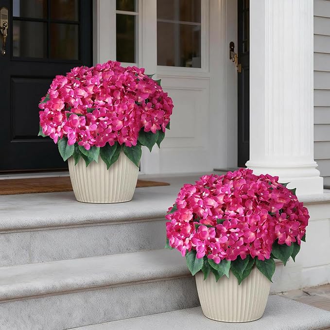FOTEEWL 8 Bundles Artificial Hydrangea Flowers for Outdoor Decor, Realistic Faux Silk Bouquets Sun-Resistant Fake Plants for Front Door Balcony Farmhouse Garden Home Spring Summer Decor (Rose Red)
