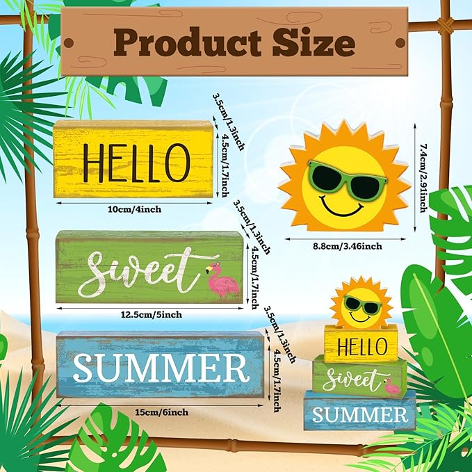 Yuntau 4 Pcs Summer Wooden Tabletop Decor Hello Sweet Summer Tiered Tray Decor Sunshine Centerpiece Rustic Summertime Decorative Block Signs Gift Farmhouse Table Decoration for Home Kitchen
