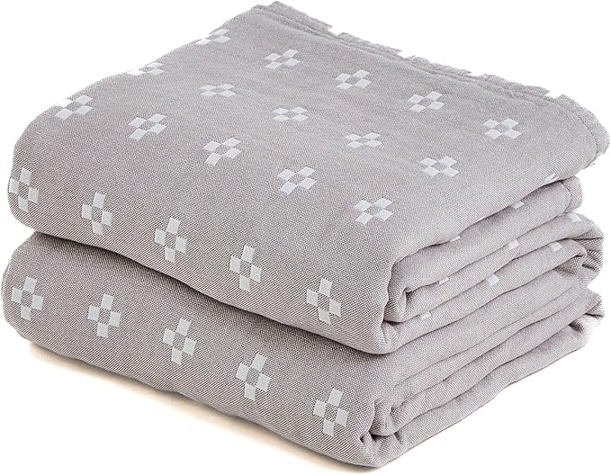 100% Cotton Muslin Blanket, Soft Reversible 4-Layer Gauze Cotton,Checkered Blanket for Couch Twin Size Bedspread Room Decor Pinic Blanket, 60"×80", Grey/Off White