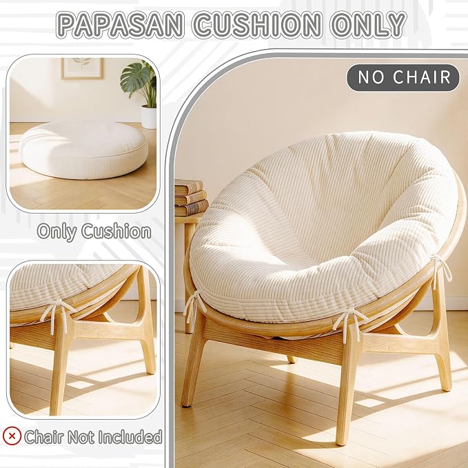 Yddsky Papasan Round Chair Cushions(Without Chair),White,48 x 48 x 6Inch | Detachable Corduroy Cover，Memory Foam Filling，Oversized Round Chair Pad
