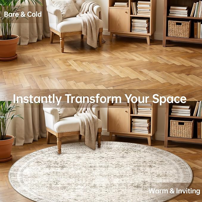 Sasttie Round Rugs 6ft, Ultra-Soft Washable Circle Rug, Low Pile Foldable Thin Carpets with Non-Slip Backing, Skin-Friendly Stain Resistant Carpet for Living Room, Bedroom, Kitchen, Dorm, 6ft, Beige