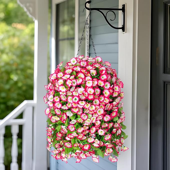 Ammyoo Artificial Faux Hanging Flowers Basket for Spring Summer Outdoor Porch Decor, Fake Silk Colorful Morning Glory Eucalyptus in Planter UV Resistant Look Real for Home Patio Balcony Yard(Pink)