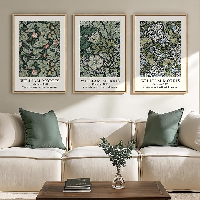 Framed William Morris Canvas Wall Art Set of 3, Green Vintage Floral Prints, Boho Farmhouse Botanical Decor for Living Room Bedroom Hallway Office, 16x24 Inch