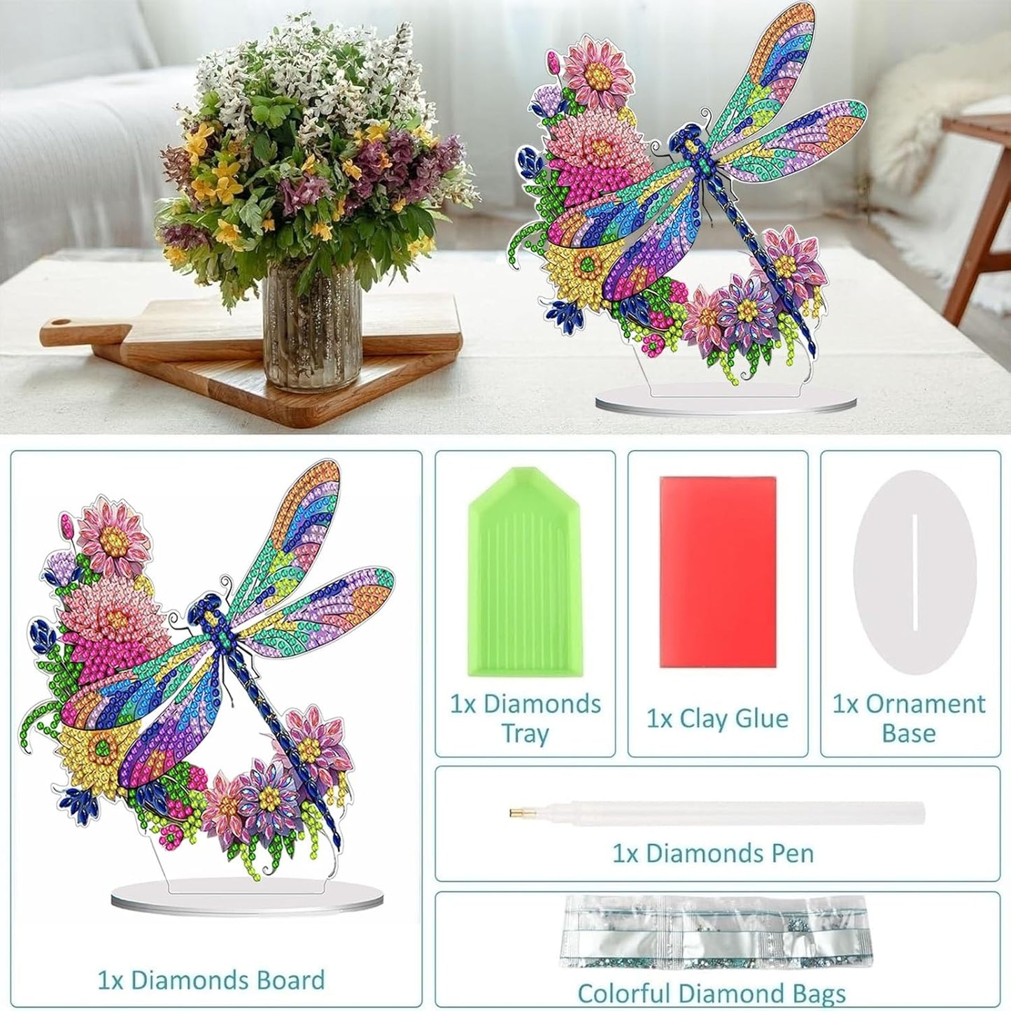 Diamond Painting Kits for Adults Beginners, 5D Full Drill Dragonfly Crystal Art Desktop Ornament, DIY Single Sided Home Office Desk Decor, Creative Craft Gift Set with Tools