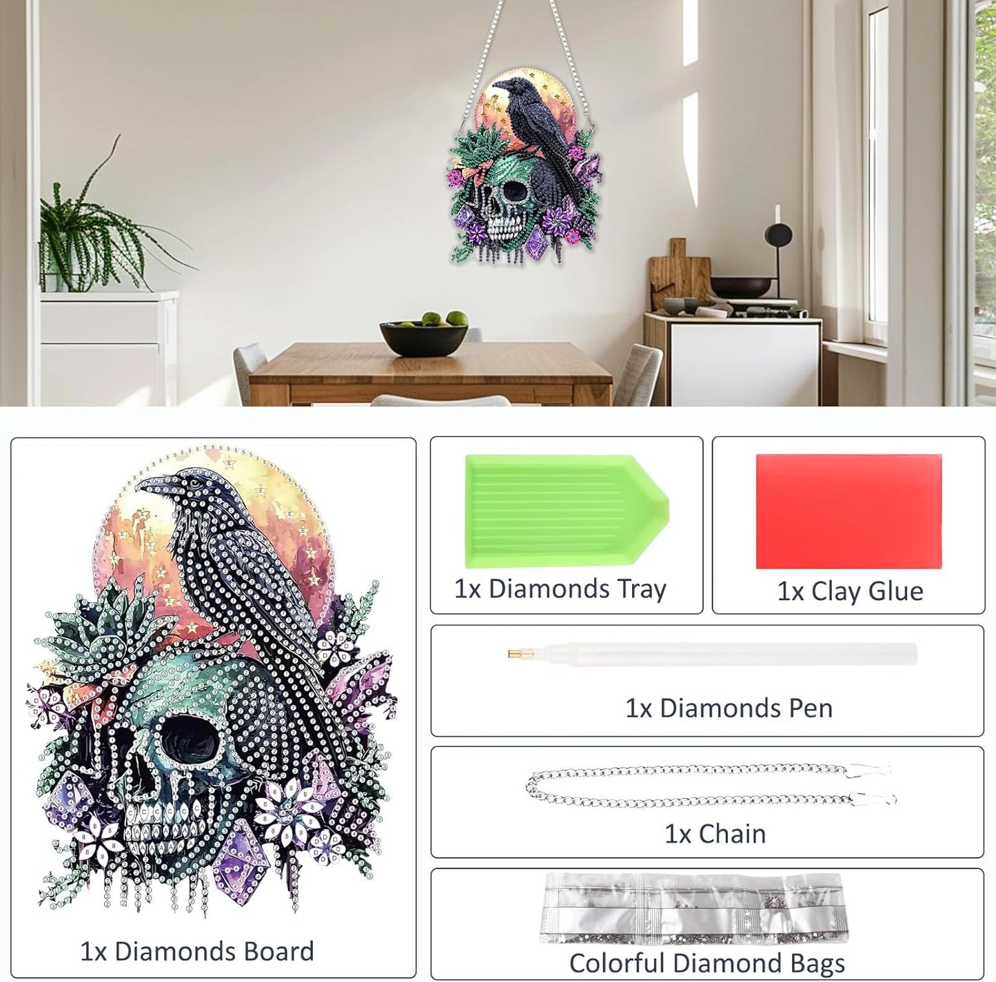 SENQAO Crow Diamond Art Hanging Kit for Adult, Special Shaped Rhinestone, Double Sided DIY Acrylic Diamond Art Painting Window Pendants Home Garden Wall Hanging Kits Hanging Ornament (Raven Skull)