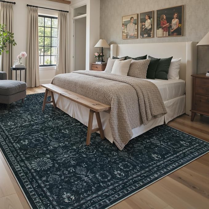 Lahome Black Moody Rug for Bedroom,8x10 Dark Academia Washable Basement Rug | Vintage Non Slip Non Shedding Large Carpet for Living Dining Room