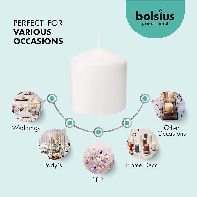 BOLSIUS 6 White Pillar Candles Bulk - 3x3 Inches Candle Set - 25+ Hours Clean Burning - No Palm Oil - 0% Animal Fat - Premium European Quality - Unscented Dripless Dinner Pillars