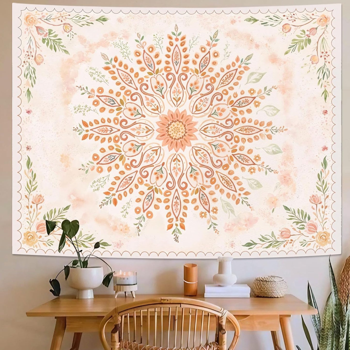 Lunerfex Floral Mandala Tapestry Boho Tapestry for Bedroom Peach Tapestries Wall Hanging Living Room Wall Art and Home Decor 44x60