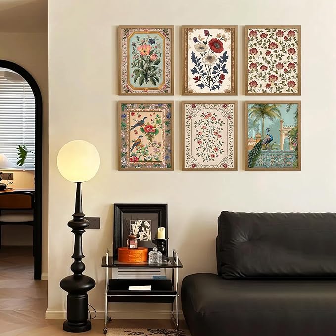 Indian Wall Art Vintage Floral Canvas Poster India Wall Decor Folk Flower Prints Scandinavian Pictures Antique Botanical Painting Gallery Artwork for Bedroom Living Room 8x10x6 Inch Wood Framed