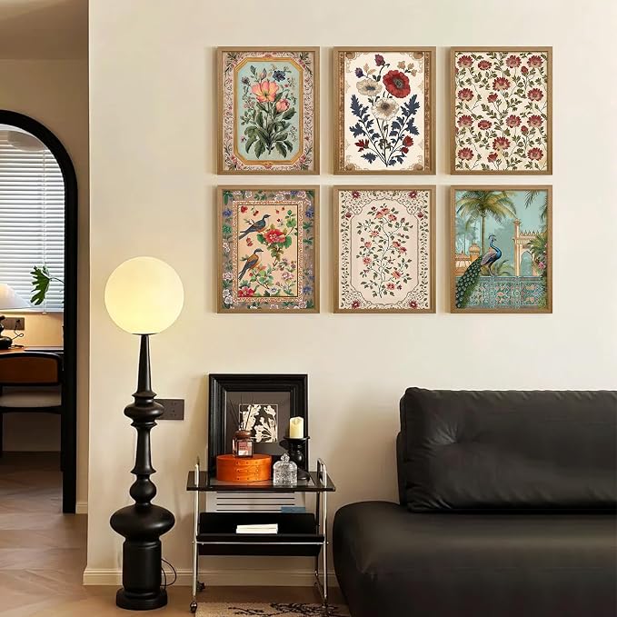 Indian Wall Art Vintage Floral Canvas Poster India Wall Decor Folk Flower Prints Scandinavian Pictures Antique Botanical Painting Gallery Artwork for Bedroom Living Room 12x16x6 Inch Wood Framed