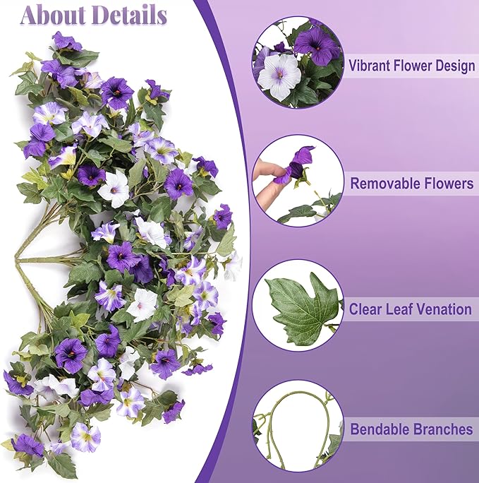 Ammyoo Artificial Hanging Fake Flowers with Basket Plants for Outdoor Decoration, Faux Silk Flower UV Resistant Morning Glory for Home Porch Patio Garden Balcony Yard Look Real (Purple White)