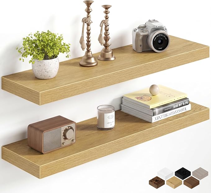 Fun Memories 30Inch Floating Shelves for Wall, 8 Inch Deep Shelves for Bathroom|Bedroom|Kitchen Wall Mounted, Wood Hanging Shelf with Invisible Brackets for Home Storage Decor, Oak - 2 Pack