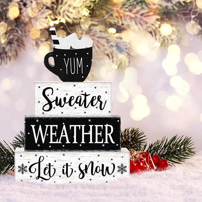 Marsui 4 Pcs Winter Wooden Tabletop Decor Rustic Hot Cocoa Block Sign Gift Farmhouse Christmas Tiered Tray Centerpiece Winter Decor for Home Office Desk Shelf Mantel