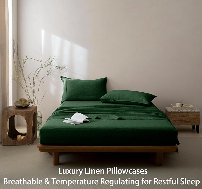 Talasily 100% French Linen Pillow Case Standard Size Set of 2,Oeko-TEX Certified Stone Washed Flax Pillow Shams with Envelope Closure - Breathable & Cooling for Hot Sleepers（Forest Green,20''x26''）