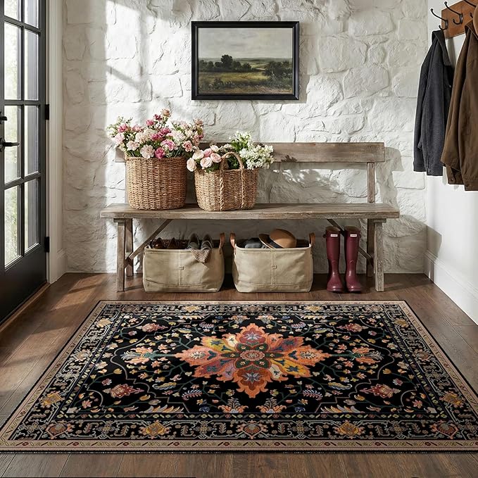 RELEANY Area Rugs 4'x6' Washable Non-Slip, Floral Vintage Distress Print Pattern Medallion Carpet for Living Room Bedroom Dining Room, Black Colorful Floral Dark Tan