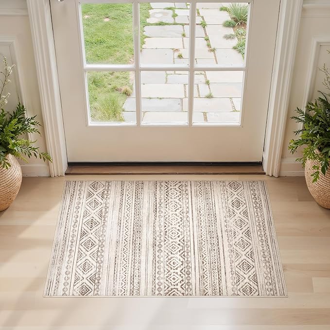 cotiled Washable 2x3 Entryway Rug: Washable Boho Rugs with Non Slip Backing Small Soft Indoor Stain Resistant Carpet for Kitchen Front Lightweight Home Decor Dark Brown