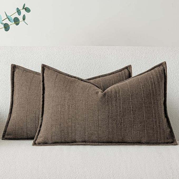 a moment Linen Pillow Covers Set of 2,Boho Farmhouse Throw Pillowcases Neutral Textured Decorative Covers for Couch Sofa,Soft Linen Blend Accent Case Cushion Home Decor 20"x12"Coco Brown