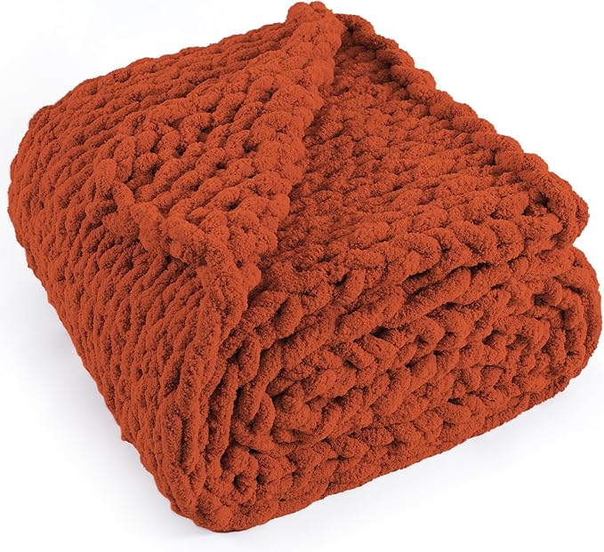 Chunky Knit Throw Blanket 60x80, 100% Handmade Chenille Yarn | 6.7lbs Soft Thick Cable Knitted Blankets, Large Rope Knot Crochet Throws for Couch Sofa Bed Thanksgiving Fall Decor, Rust
