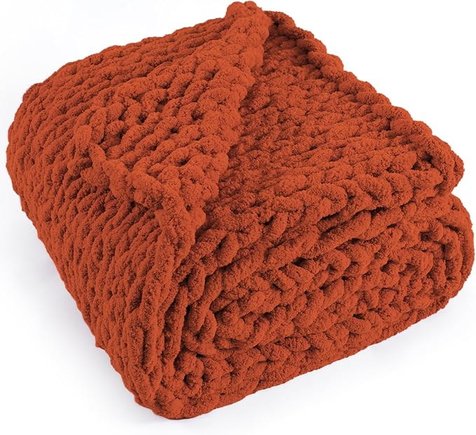 Chunky Knit Throw Blanket 50x60, 100% Handmade Chenille Yarn | 4.4lbs Soft Thick Cable Knitted Blankets, Large Rope Knot Crochet Throws for Couch Sofa Bed Thanksgiving Fall Decor, Rust