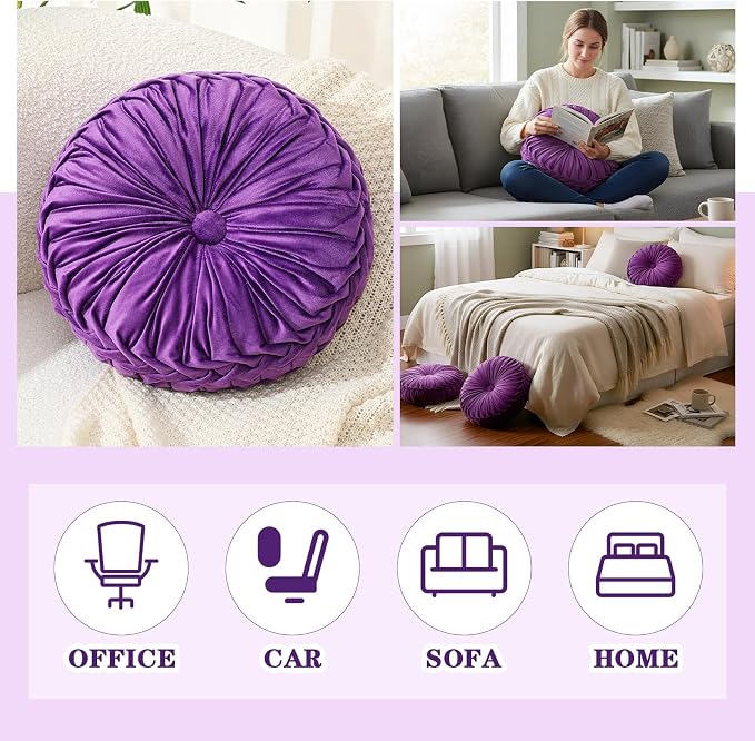 Drydiet 1 Pcs Round Throw Velvet Pillows Decorative Pleated Throw Pillows Diameter Accent Pumpkin Boho Chair Cushion for Couch Sofa Home Decoration (Purple,15'')