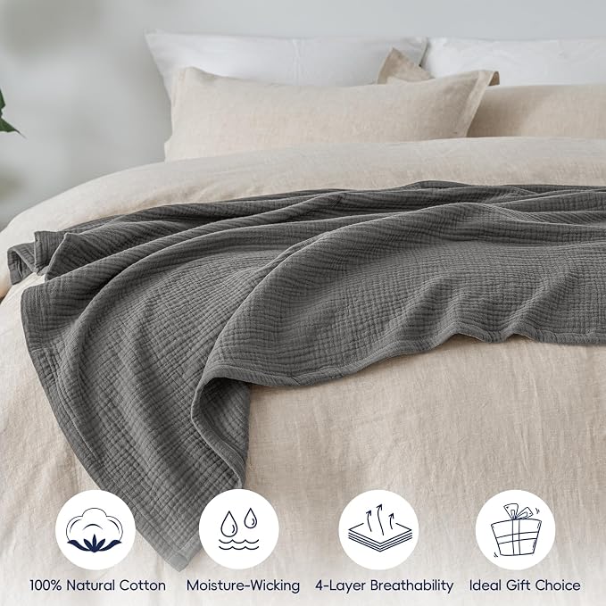 PHF 100% Cotton Muslin Throw XL Blanket Large 50" x 70", 4-Layer Lightweight Gauze Throw, Breathable Cloud-Soft Minimalist Blanket for Bed, Couch, Camping & Baby, Greyish Black, Ideal Gift