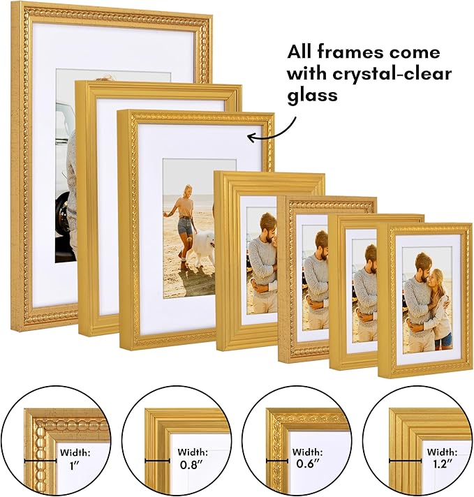 Americanflat Set of 7 Vintage Gold Frames with Polished Clear Glass - Gallery Wall Frame Set with One 11x14 Frame, Two 8x10 Frames, and Four 5x7 Frames - Antique Frames for Tabletop or Wall Display