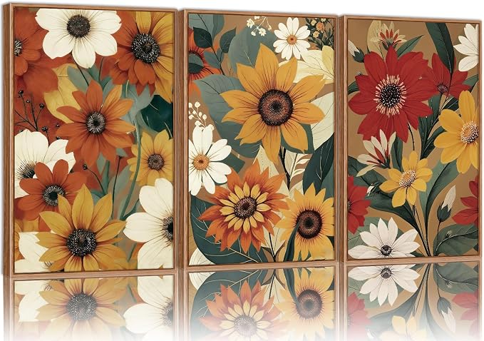 KYLESONLIE Vintage Floral Framed Canvas Wall Art Set, Boho Rustic Sunflower Daisy Wall Decor, Burnt Orange Flower Art Paintings, Retro Colorful Botanical for Living Room Bedroom Farmhouse 16"x24"x3