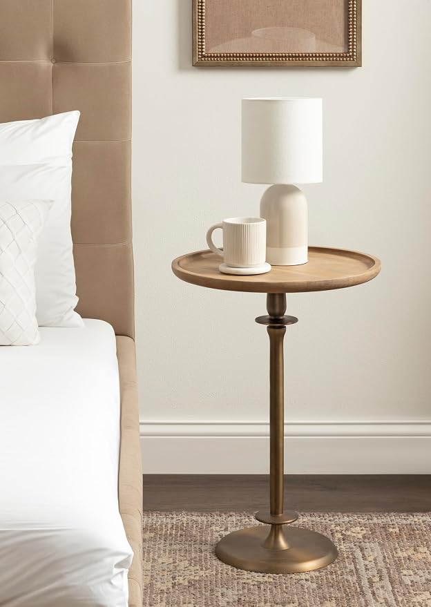 Kate and Laurel Arora Modern Wood and Metal Round Side Table, 17 x 17 x 24, Light Natural and Antique Brass, Transitional Sculptural Living Room End Table for Indoor Plant Stand or Bedroom Nightstand