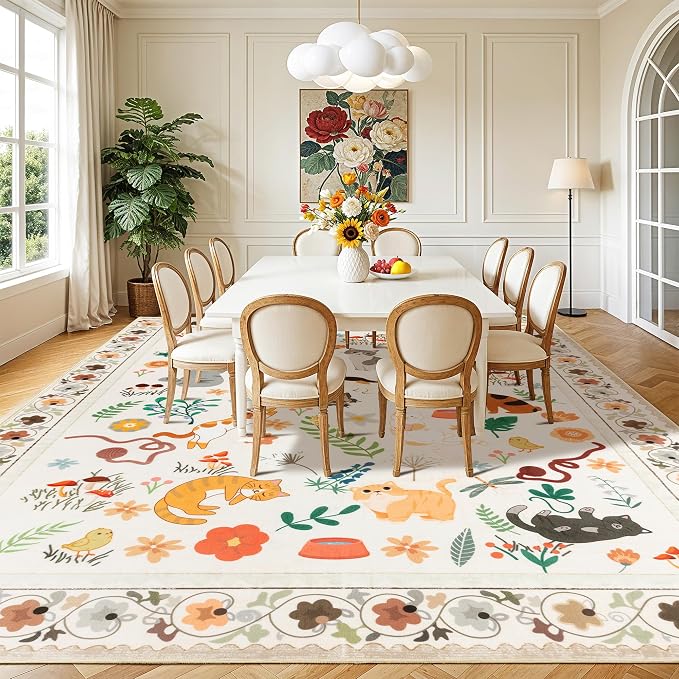 LIANLAM 8x10 Cat Lover's Area Rug, Washable Large Rug with Artistic Feline Design for Living Room & Bedroom, Pet Friendly Non-Slip Soft Carpet, Stain Resistant & Easy Clean(8x10,Beige)