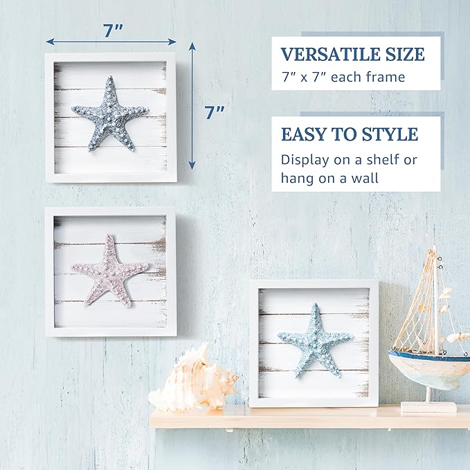 Tide and Tales 3D Starfish Wall Art (Framed Set of 3) Coastal Theme Wall Hanging Decoration for Bathroom or Tropical Bedroom, Ocean Inspired Seashell Decor for Home or Beach House (7"x 7")