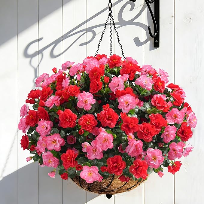 Artificial Faux Outdoor Flowers Plants for Spring Summer Decoration, Fake Silk Camellia UV Resistant Look Real for Planter Outside Front Door Porch Patio Balcony, 3 Large Bundles (Melon Red+Red)