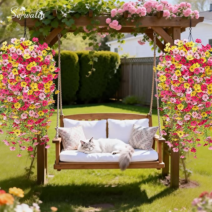 Serwalin 6PCS Artificial Hanging Flowers for Outdoors, UV Resistant Fake Hanging Plants, Realistic Weatherproof Outdoor Decor for Patio, Porch, Garden & Window (Yellow, Hot Pink & Pink,6PCS)