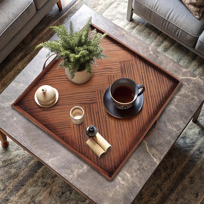 SXNOWS Wooden Serving Tray with Leather Handles, 24x24 in | Large Square Wood Tray,Perfect for Ottoman Coffee Table Living Room and Kitchen, Rustic Gift for Home Decor