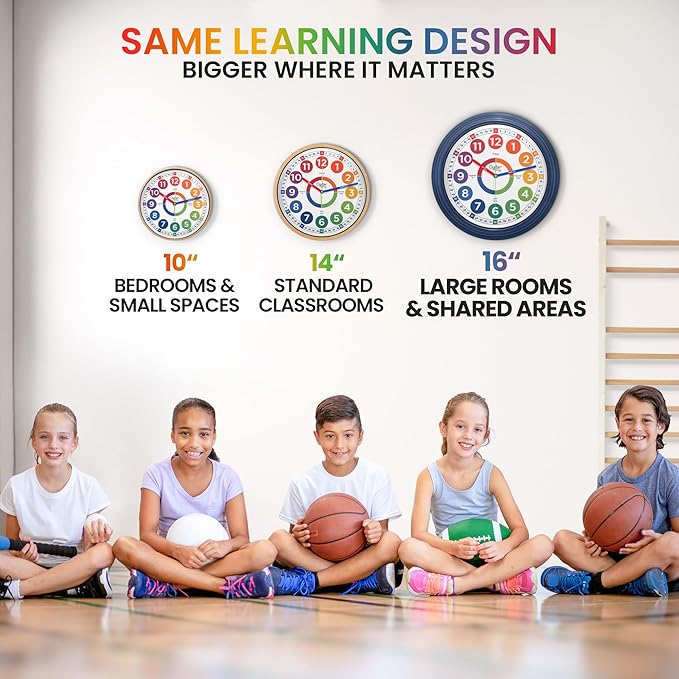 Oyster&Pop 16 Inch Extra Large Classroom Clock for Kids Learning to Tell Time – Silent Non-Ticking Analog Wall Clock – Color Coded Easy to Read – Indoor Outdoor