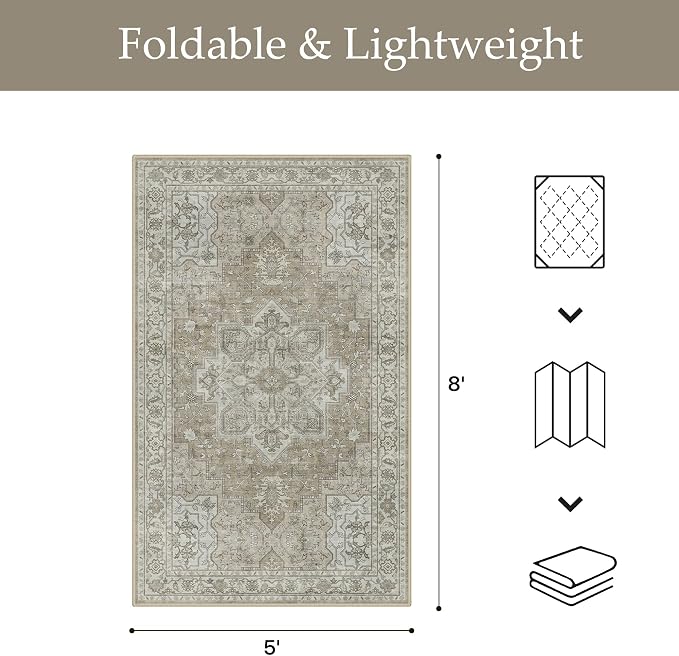 GENIMO Outdoor & Indoor Area Rug 5'x8', Waterproof, Non-Shedding, Easy Cleaning, Boho Mat for Patio, Living Room, Balcony, Dining Room, RV, Deck, Bedroom, Camping, Outside Carpet,Coffee Beige