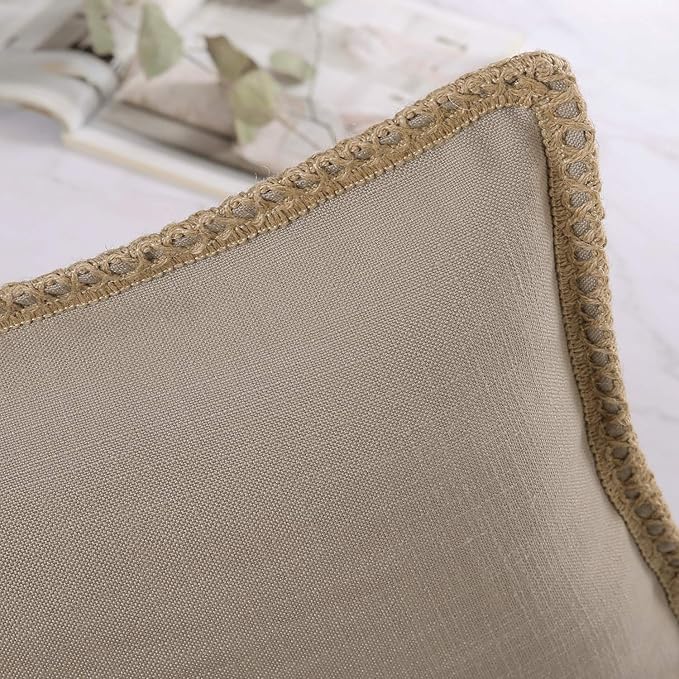 Phantoscope Pack of 2 Farmhouse Fall Decorative Solid Throw Decorative Pillow Cover Burlap Linen Trimmed Tailored Edges Beige 18 x 18 inches, 45 x 45 cm