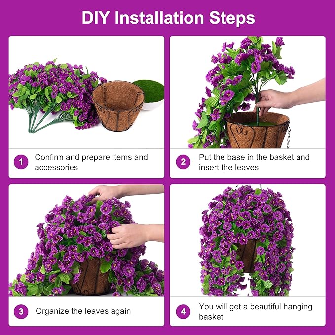 Ammyoo Artificial Faux Hanging Flowers Basket for Spring Summer Outdoor Porch Decor, Fake Silk Colorful Morning Glory Eucalyptus in Planter UV Resistant Look Real for Home Balcony Yard(Darkorchid)