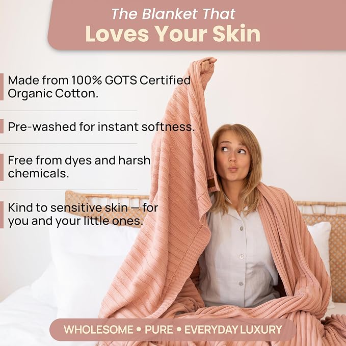 Dalisa 100% Organic Cotton Knit Blanket Denise, Soft and Lightweight, Breathable All-Season Throw for Sofa, or Lounge Area -GOTS Certified-Perfect for Home and Bedroom Styling (Light Rose, 50x60)