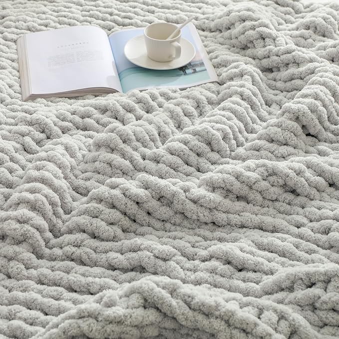 bearberry Chunky Knit Throw Blanket 50x60 Inches Handmade, Soft Jumbo Chenille Yarn with Cable Rope Knot Design | Thick Cozy Large Blanket for Couch, Sofa, Bed & Living Room Home Decor | Light Grey
