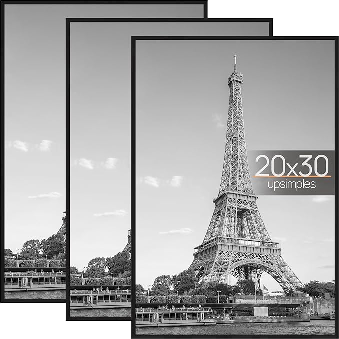 upsimples 20x30 Picture Frame Black 3 Pack, Scratch-Proof Poster Frames 20 x 30 for Photo Gallery - Slide-In Strips, Horizontal or Vertical Wall Mounting
