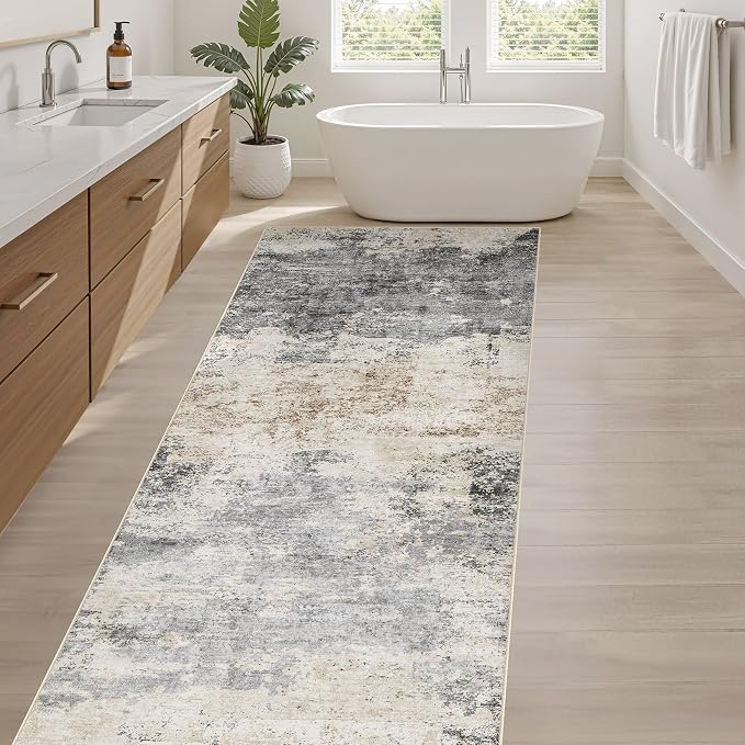 Runner Rug Kitchen Washable Rugs: 3x8 Non-Slip Abstract Soft Modern Stain Resistant Indoor Floor Neutral Accent Throw Carpet for Hallway Bathroom Laundry Room Entryway Bedroom- Grey Brown