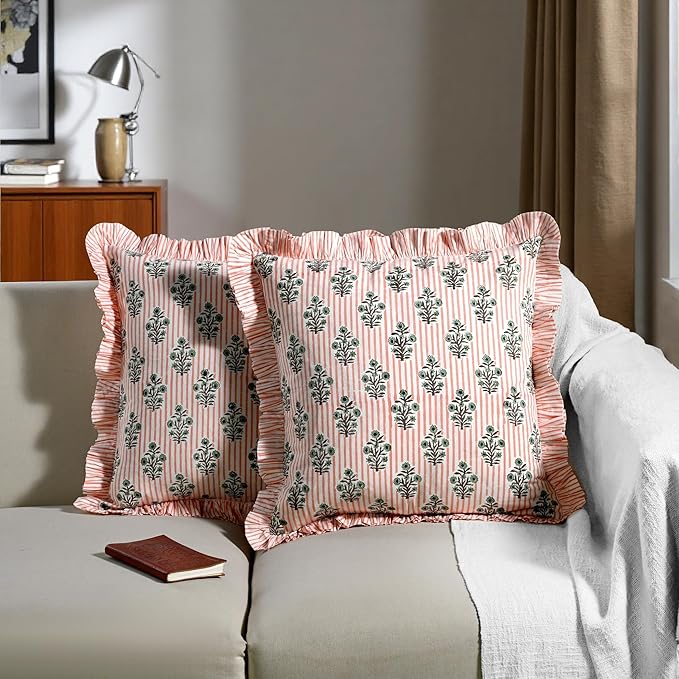 Ridhi Salmon Blossom Stripe Modern Farmhouse Pillow 16x16 Covers Block Print Cotton Throw Pillow Cover Set of 2 Cushion Covers with Ruffle for Couch Sofa Bed Living Room Decor Spring Easter