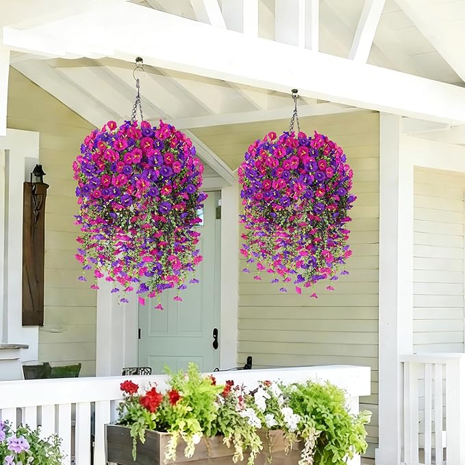 Artificial Hanging Flowers with Basket, 480 Blooms UV Resistant Faux Morning Glory Silk Plants, Fast & Easy Assembly Fake Hanging Baskets for Outdoor Porch Patio Garden Decor, Fuchsia&LightPurple