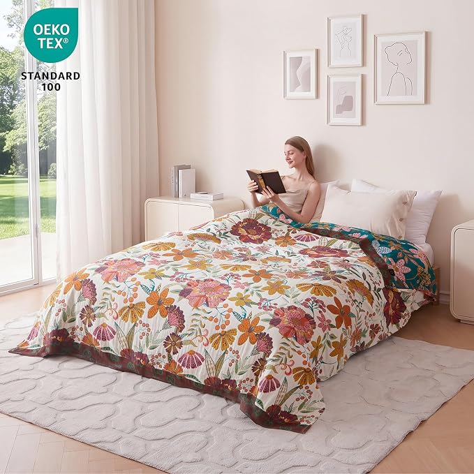MSGKV Summer Throw Blanket for Couch, 100% Cotton Muslin Breathable Woven Bed Throws 60"x80" Boho Vintage Quilt for All Seasons Lightweight Farmhouse Blankets Home Decoration