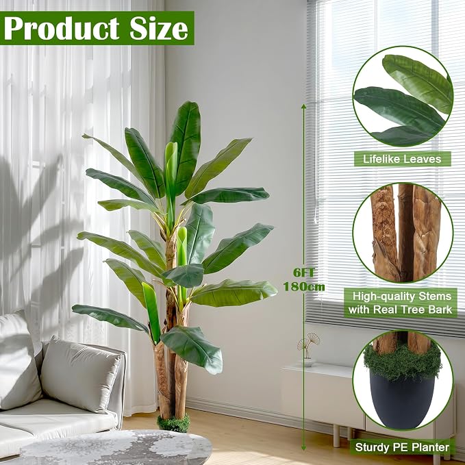 6FT Banana Tree Artificial Plant Fake Banana Leaf Plant Faux Tropical Plants Large Fake Plants Indoor in Black Pot for Living Room Bedroom Office Patio Balcony Home Decor (with Faux Moss)